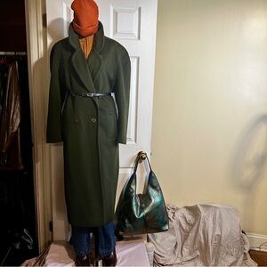 Vtg 90s Womens Army Green Wool Minimalist Quiet Luxury Maxi Coat L